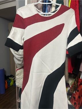 Pink Tartan Red, Black and Cream Wave-Print Midi Dress